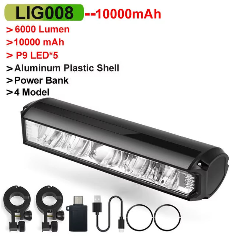 Ultra Bright 6000 Lumen Waterproof Bicycle Front Light - 10000mAh USB Rechargeable MTB & Road Cycling Accessory