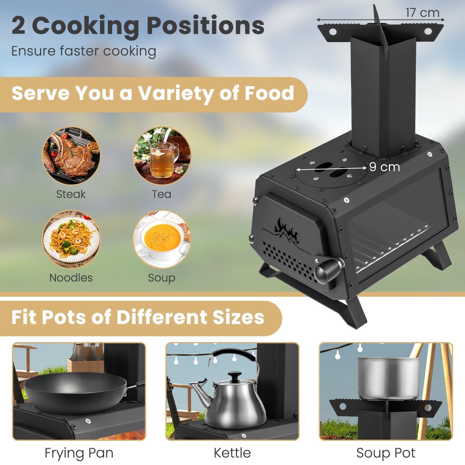 Portable Wood Burning Stove Featuring Dual Cooking Positions
