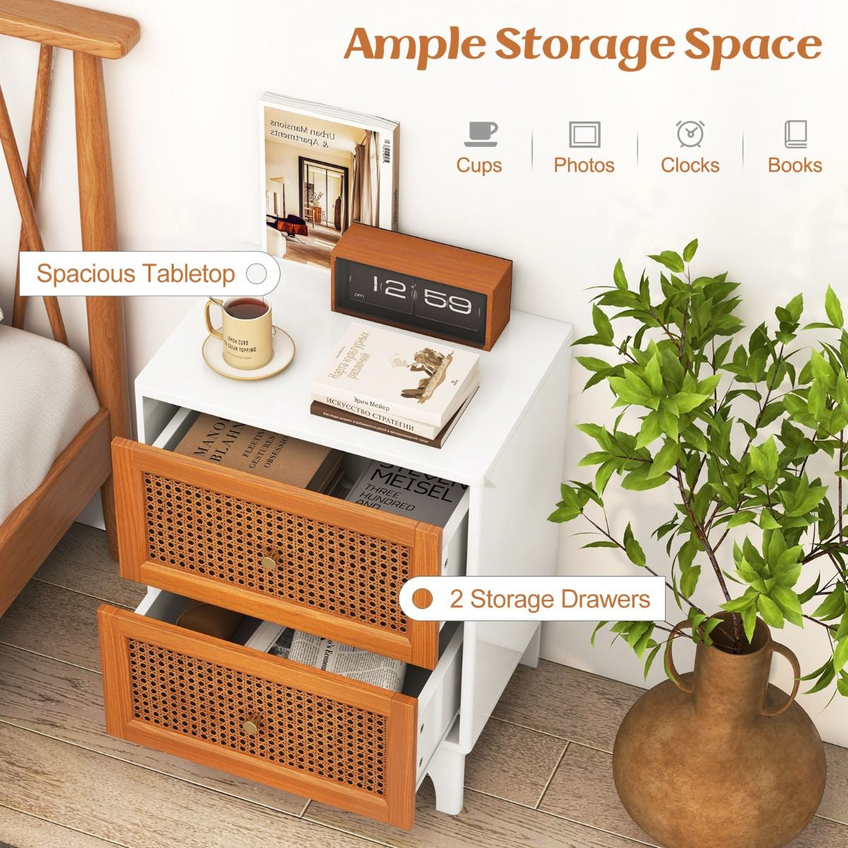Bohemian Accent Table Featuring Two Handwoven Rattan-Decorated Drawers