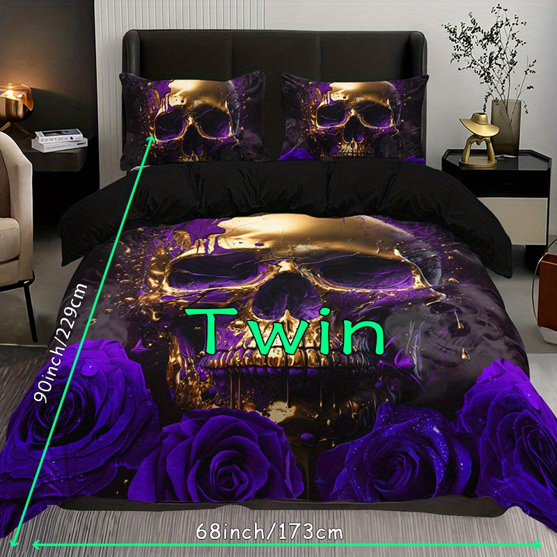 3pcs Soft Purple Rose Skull Pattern Breathable Duvet Cover Set for Bedroom, Guest Room, and Dorm Decor - Includes 1 Duvet Cover and 2 Pillowcases (Core Not Included) For Halloween