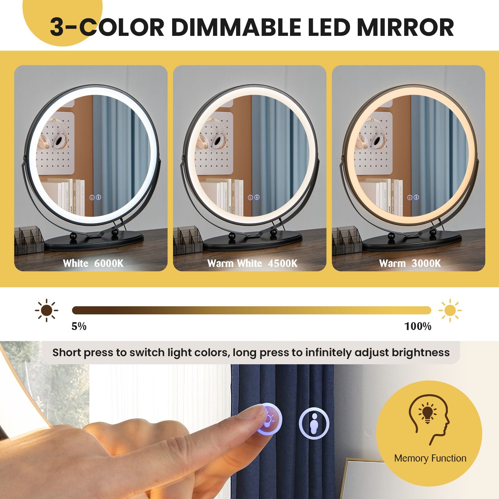 Vanity Table and Stool Set with Adjustable 3-Color Touch Screen Lighted Swivel Mirror