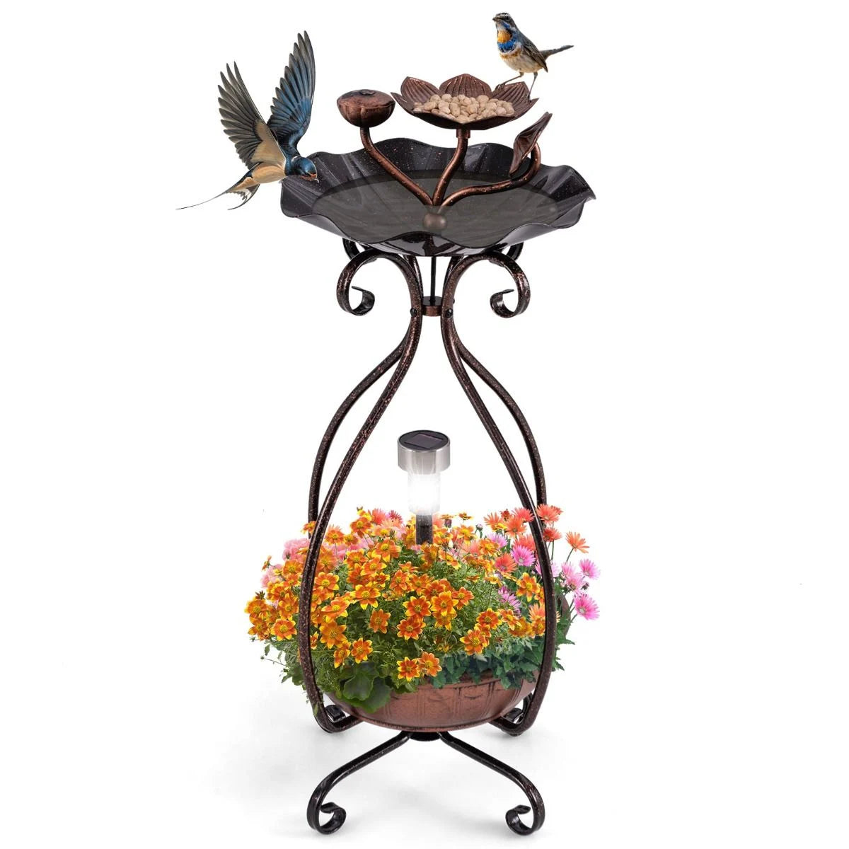 79 cm Solar-Powered Outdoor Bird Bath with Floral Planter Base and Integrated LED Lighting
