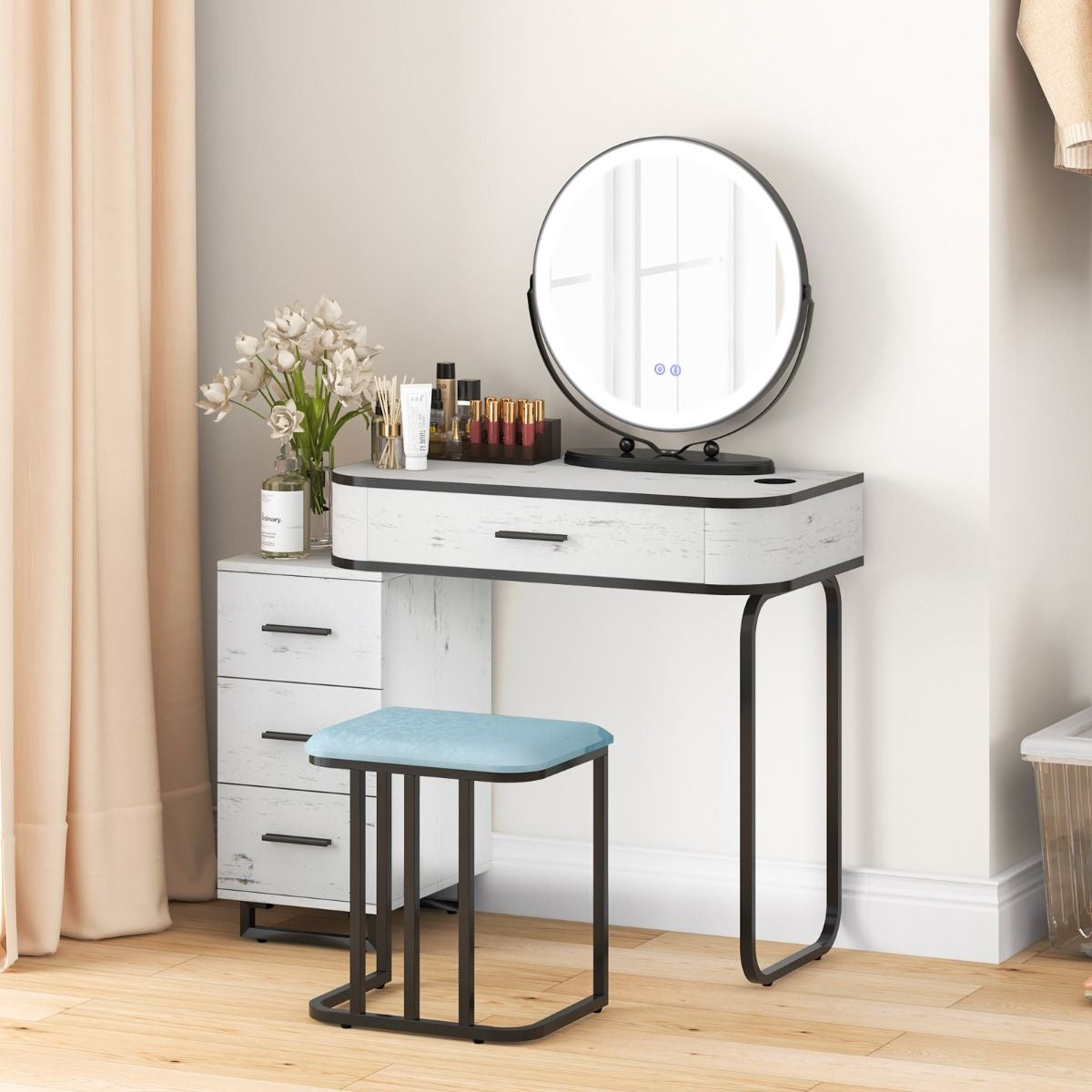 Vanity Table and Stool Set with Adjustable 3-Color Touch Screen Lighted Swivel Mirror