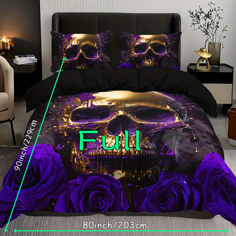 3pcs Soft Purple Rose Skull Pattern Breathable Duvet Cover Set for Bedroom, Guest Room, and Dorm Decor - Includes 1 Duvet Cover and 2 Pillowcases (Core Not Included) For Halloween