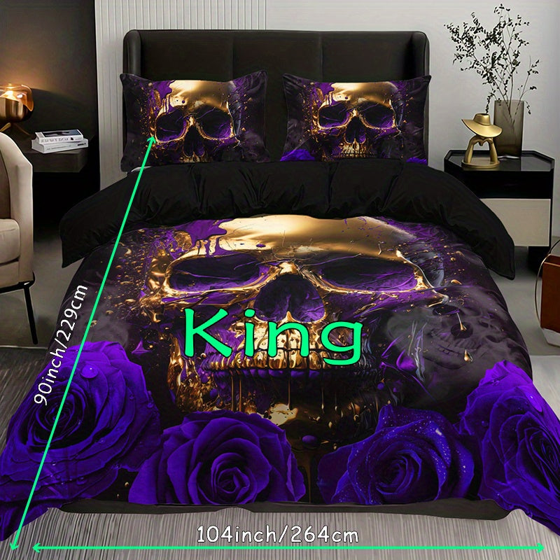 3pcs Soft Purple Rose Skull Pattern Breathable Duvet Cover Set for Bedroom, Guest Room, and Dorm Decor - Includes 1 Duvet Cover and 2 Pillowcases (Core Not Included) For Halloween