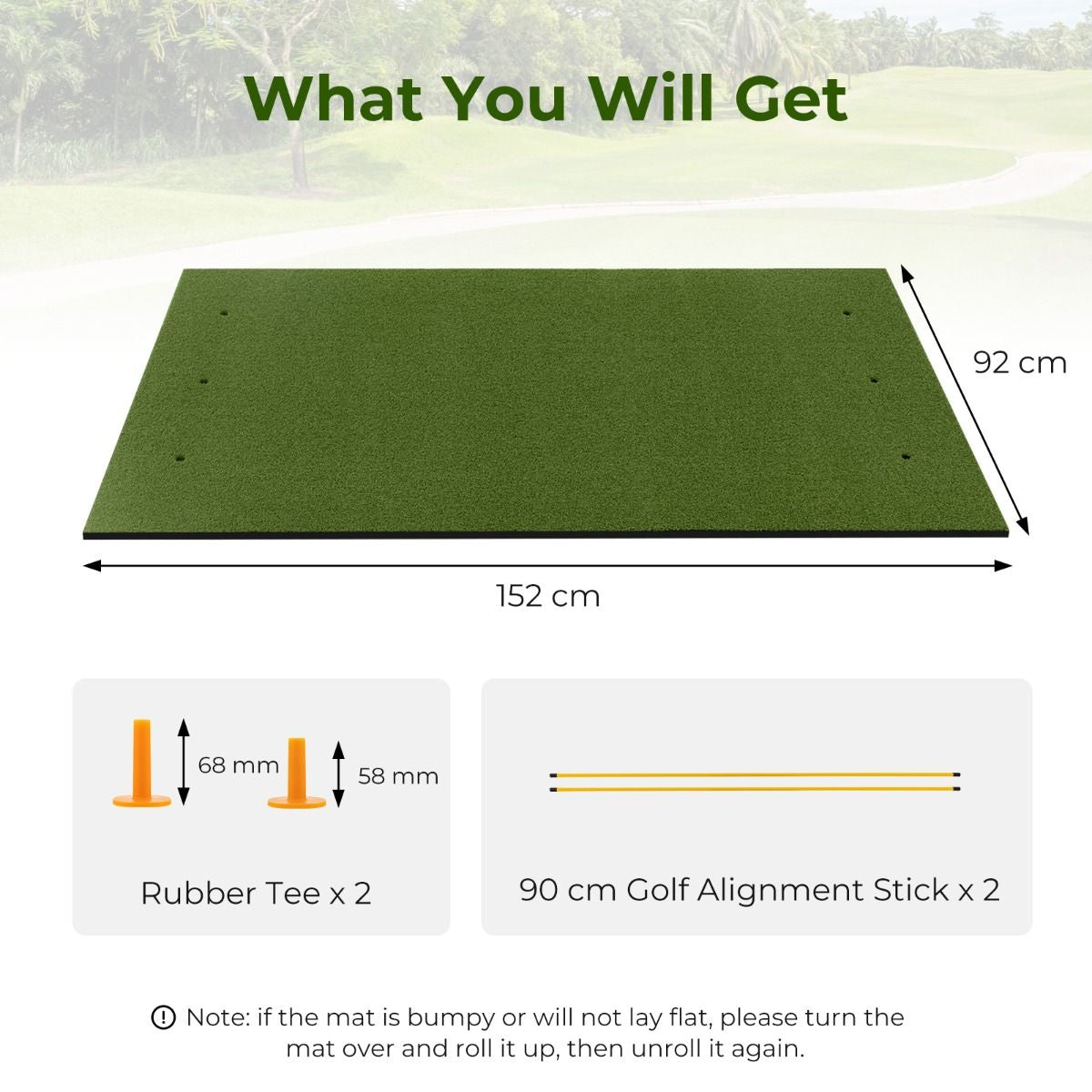 20mm Golf Hitting Mat with 2 Rubber Tees and 2 Alignment Sticks