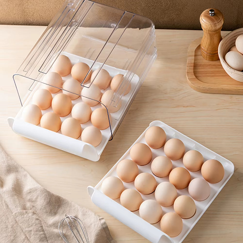 Double-Layer Egg Storage Drawer Box, Holds 32 Eggs, Transparent Body, Easy Access, White