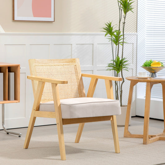 Stylish Rattan-Back Accent Chair with Comfortable Padded Cushion and Durable Rubber Wood Frame