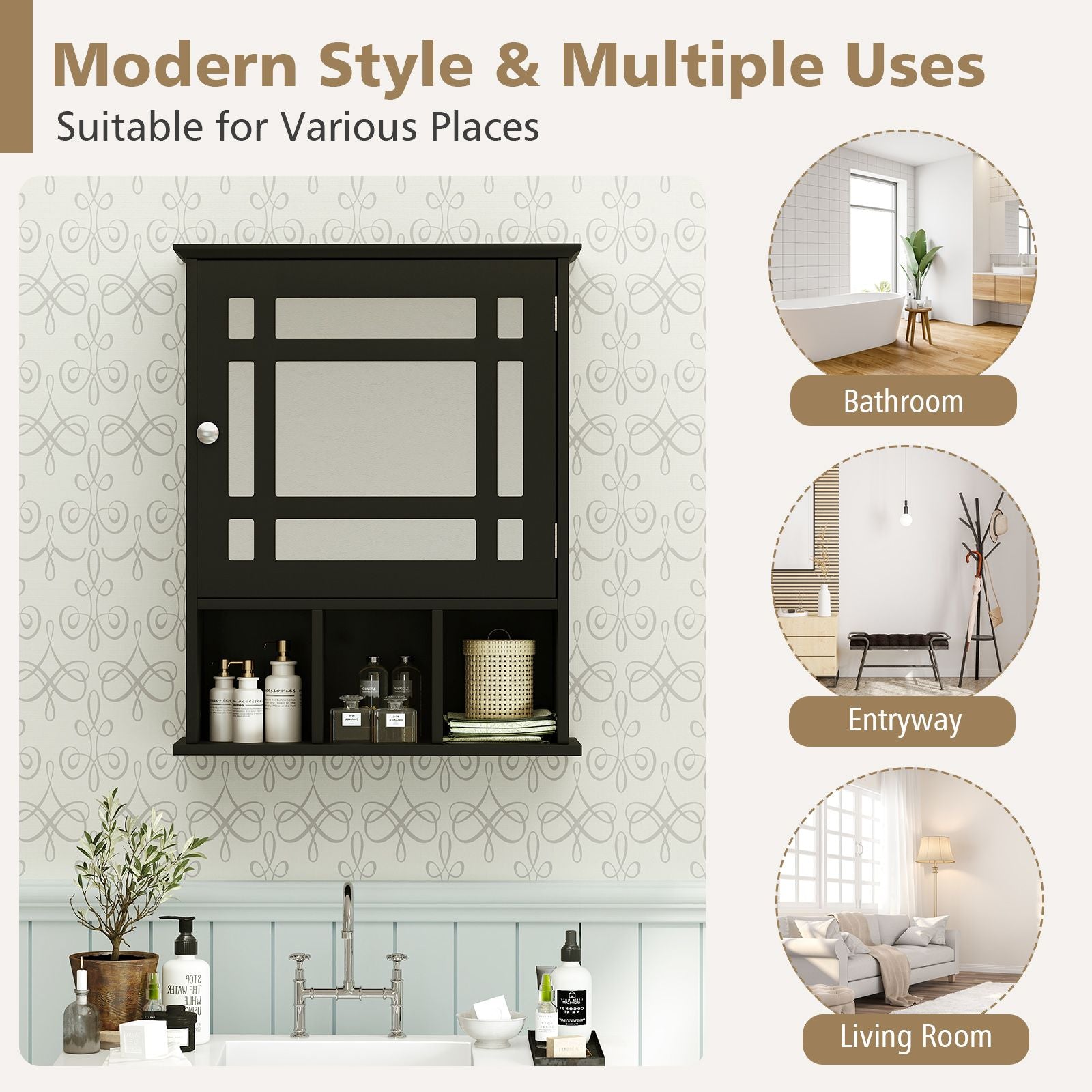 Mirror Door Bathroom Cabinet with Adjustable Shelf and 3 Compartments