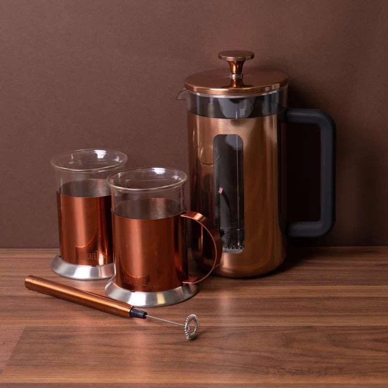 Elegant 3-Piece Copper Coffee Set: 8-Cup Cafetière, Milk Frother & 2 Matching Mugs