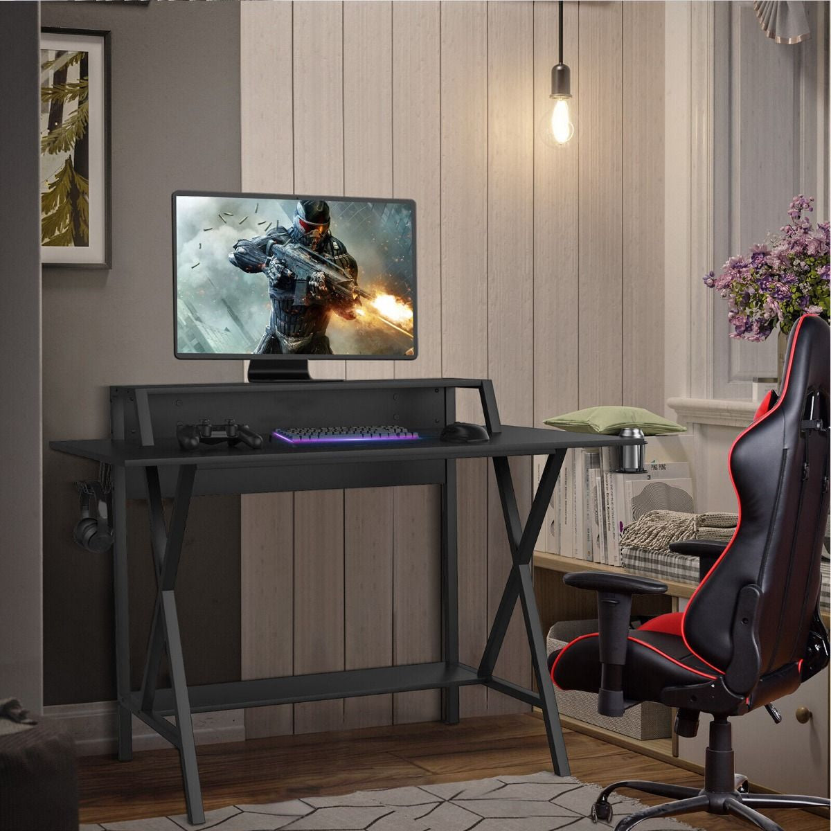 Ergonomic X-Shaped Gaming Desk with Integrated Cup Holder and Monitor Riser
