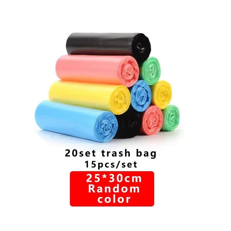 Multi-colored rolls of 25x30cm trash bags for car trash bins, 20 sets of 15 pieces each.