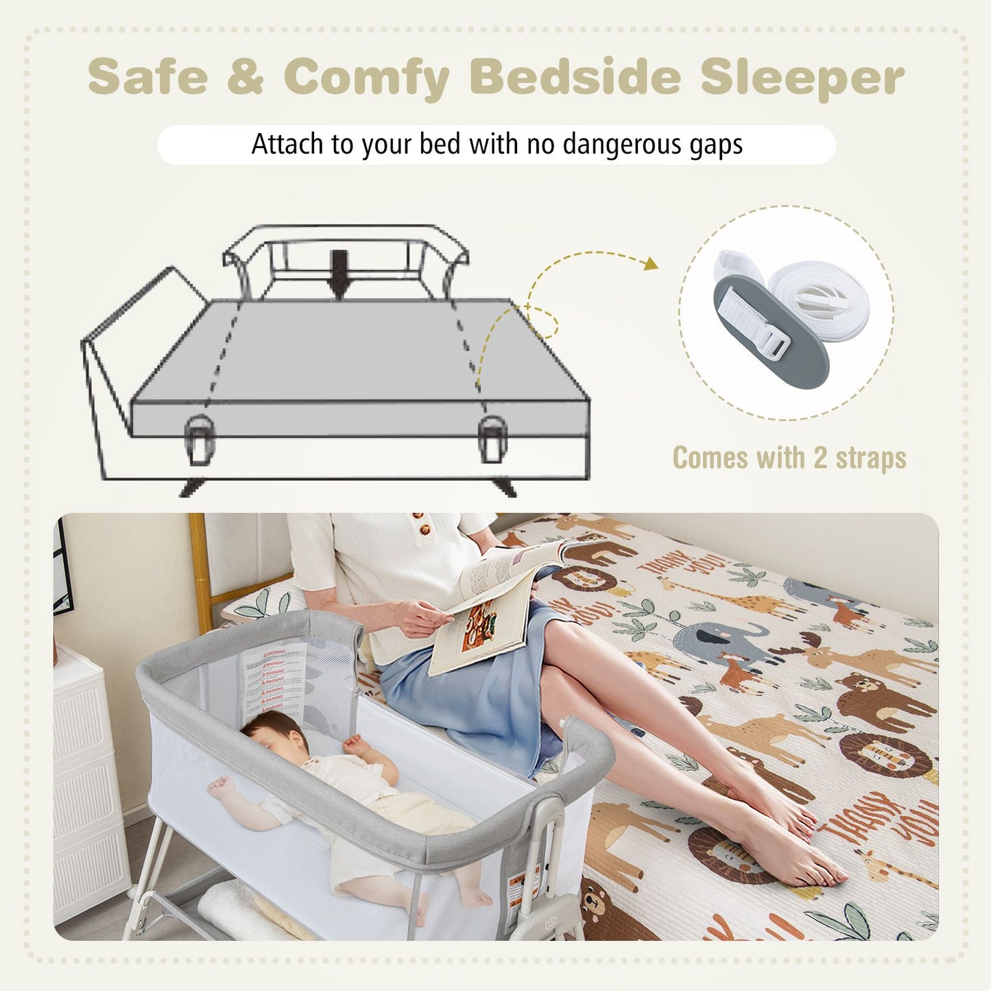 Infant Bedside Crib with Mattress for Newborns up to 9kg