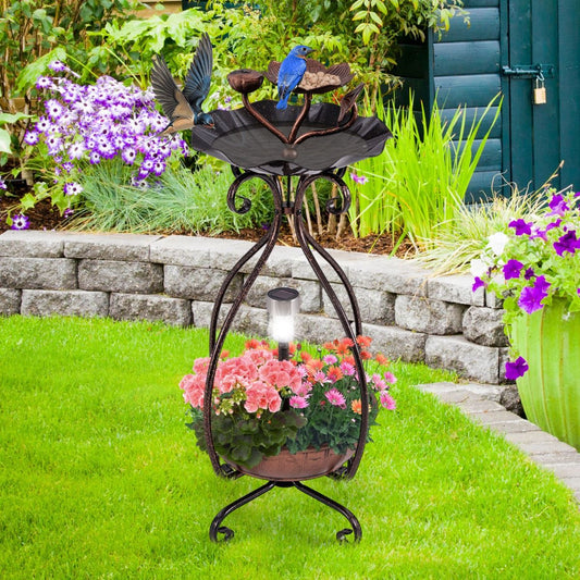 79 cm Solar-Powered Outdoor Bird Bath with Floral Planter Base and Integrated LED Lighting