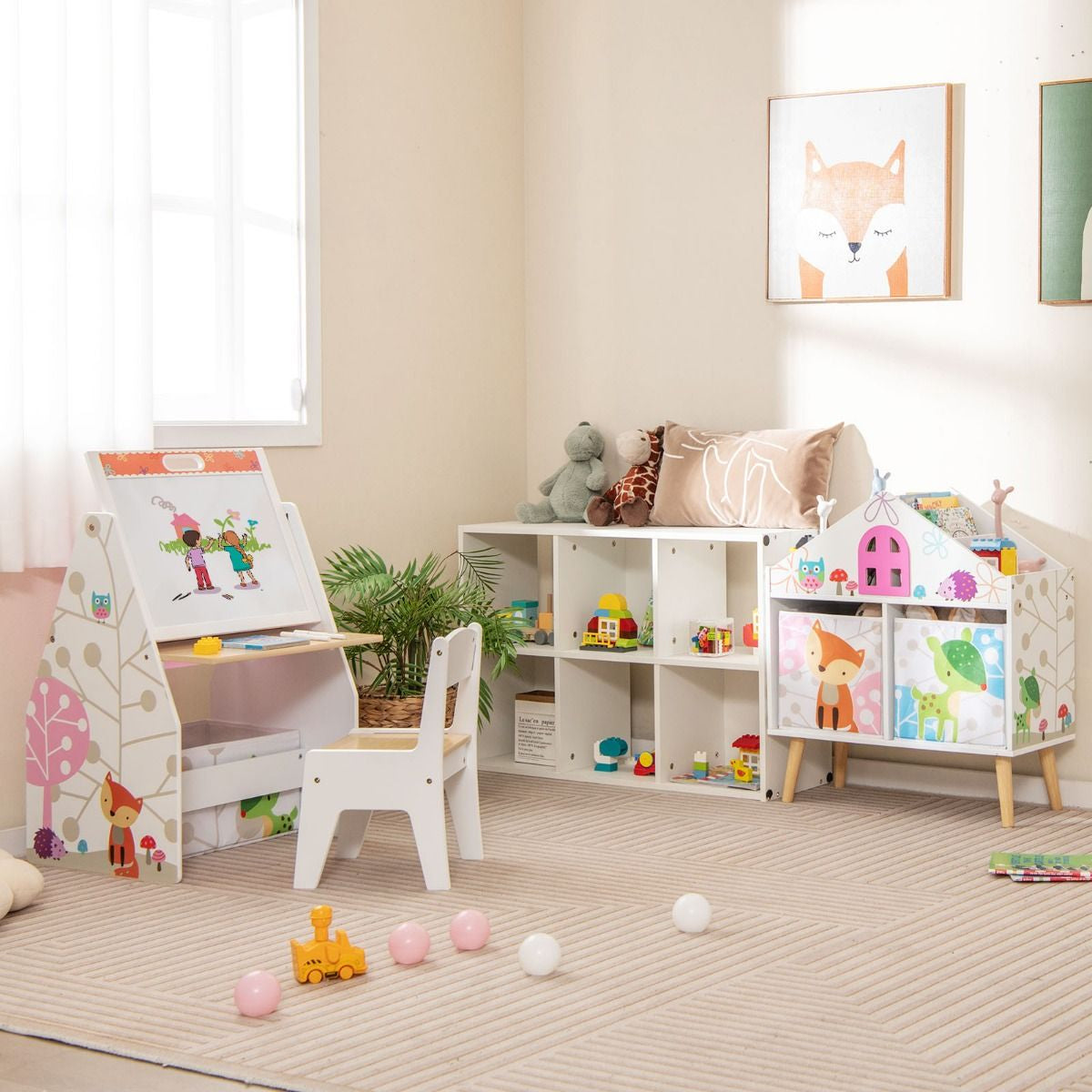 Children's House-Shaped Bookshelf with Two Storage Bins and Elevated Solid Wood Legs