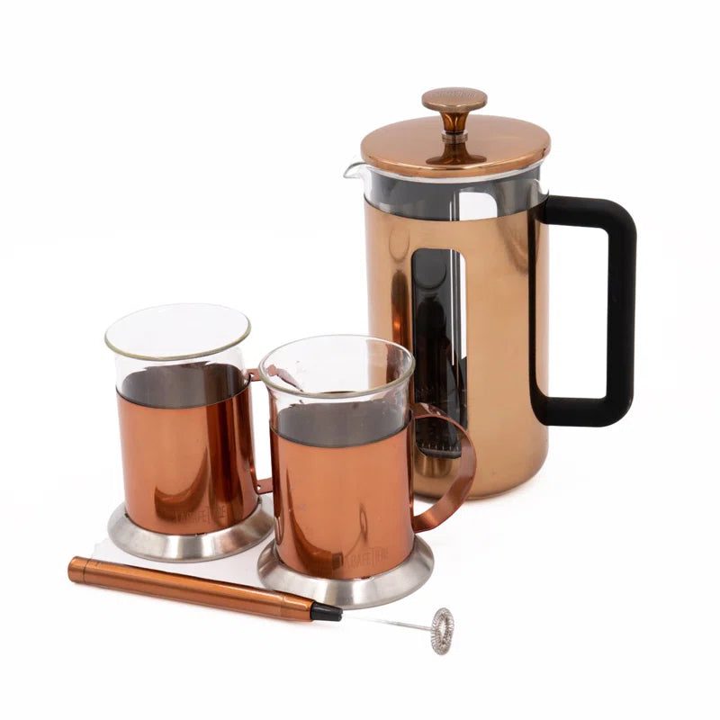 Elegant 3-Piece Copper Coffee Set: 8-Cup Cafetière, Milk Frother & 2 Matching Mugs