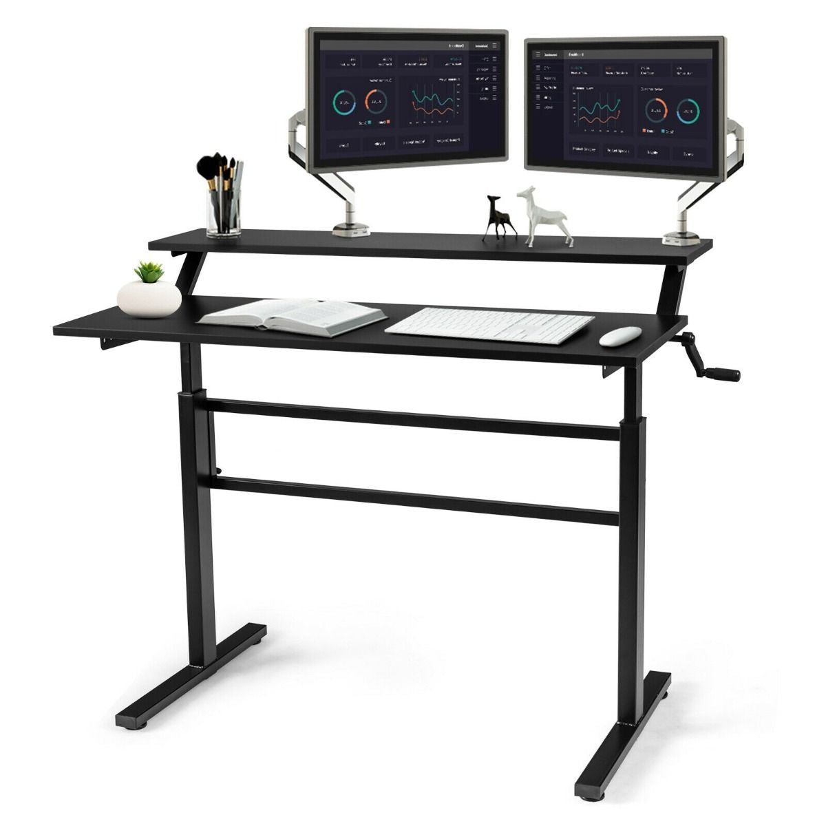2-Tier Standing Desk with Adjustable Height and Crank Handle