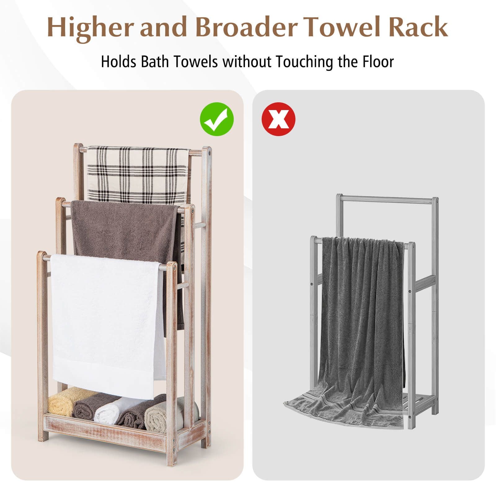 Freestanding Wood Towel Rack with 3 Individual Bars and Bottom Storage Shelf