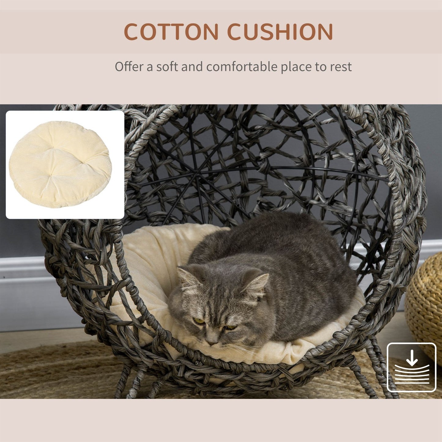 Pawhut Rattan Elevated Cat House Kitten Bed Pet Furniture W/ Cushion Grey