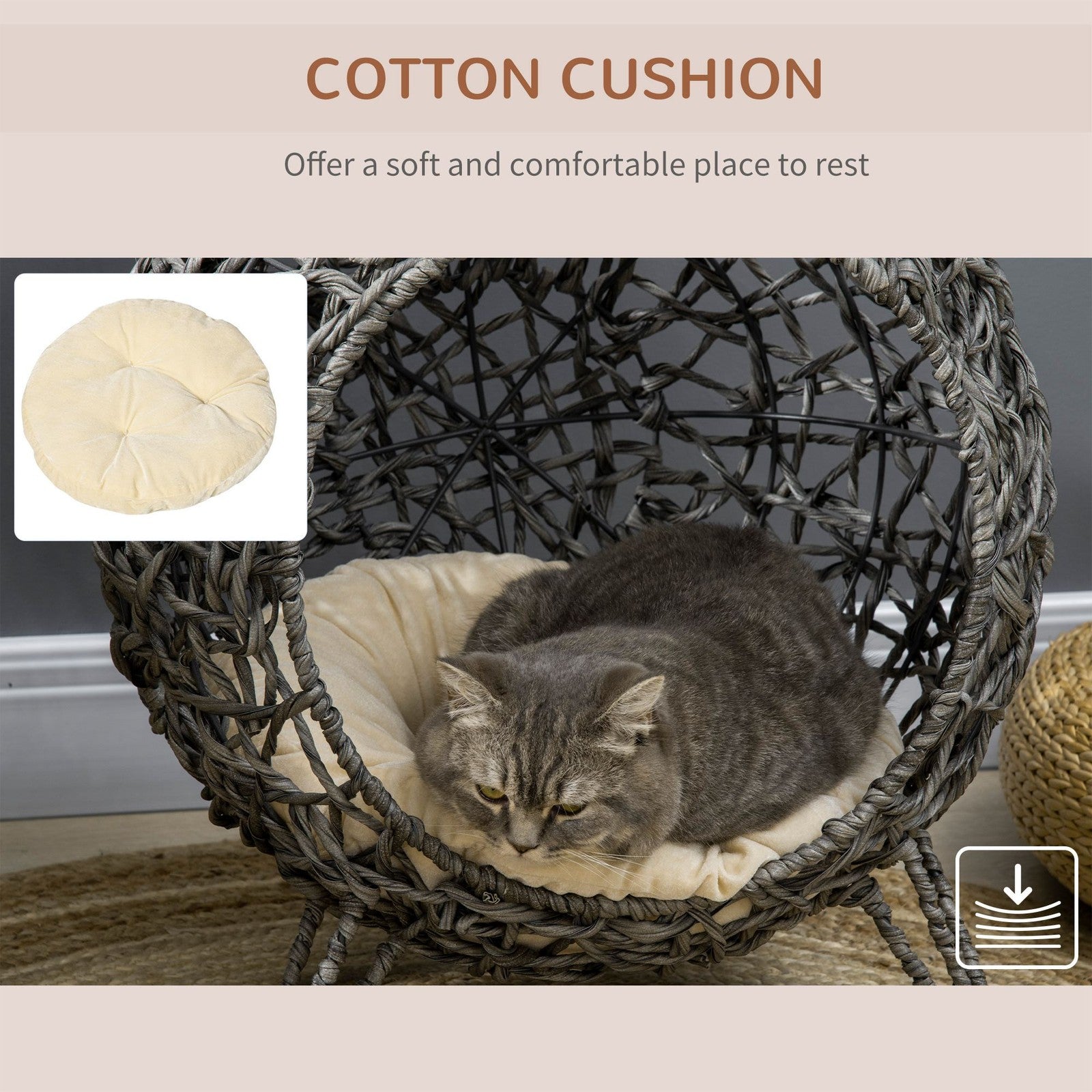 Pawhut Rattan Elevated Cat House Kitten Bed Pet Furniture W/ Cushion Grey