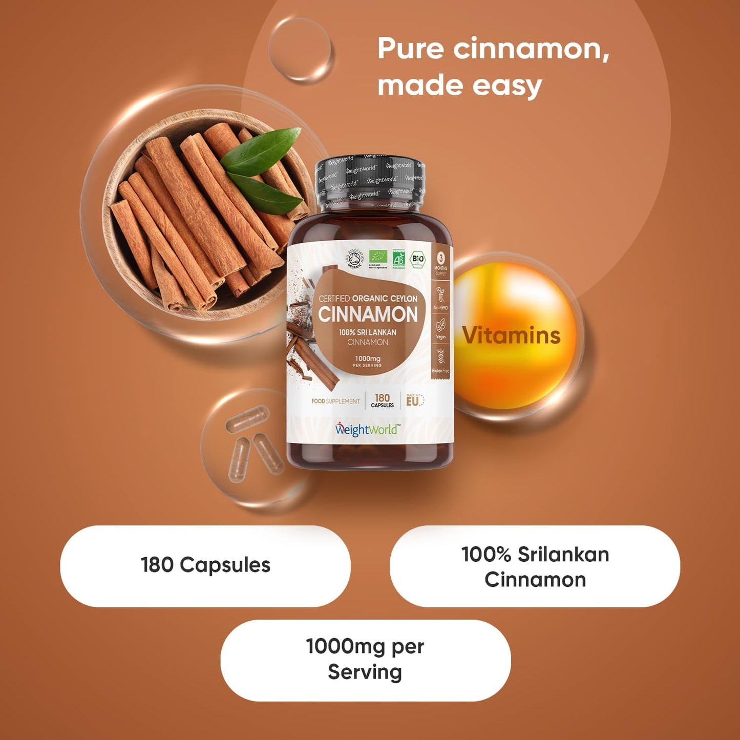 Organic Ceylon Cinnamon Capsules - 1000mg, 180 Vegan Capsules