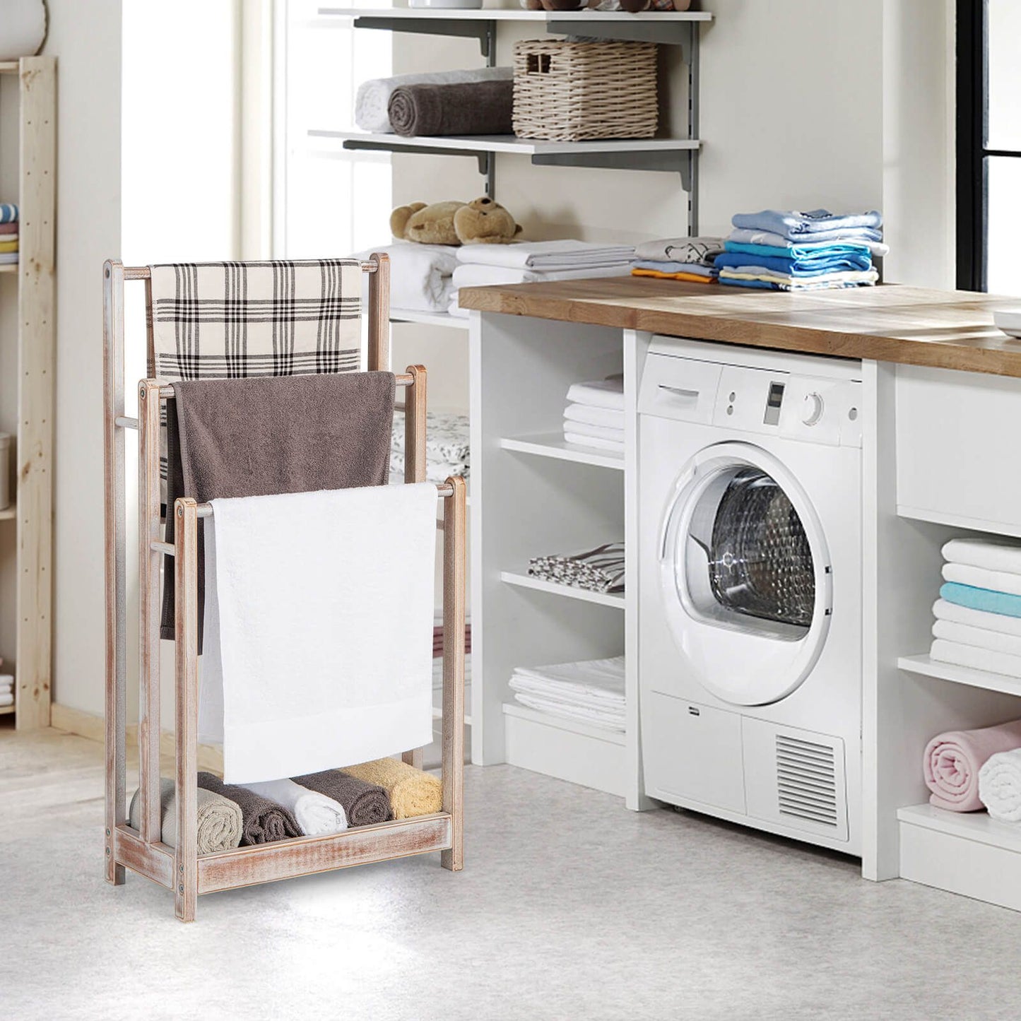 Freestanding Wood Towel Rack with 3 Individual Bars and Bottom Storage Shelf