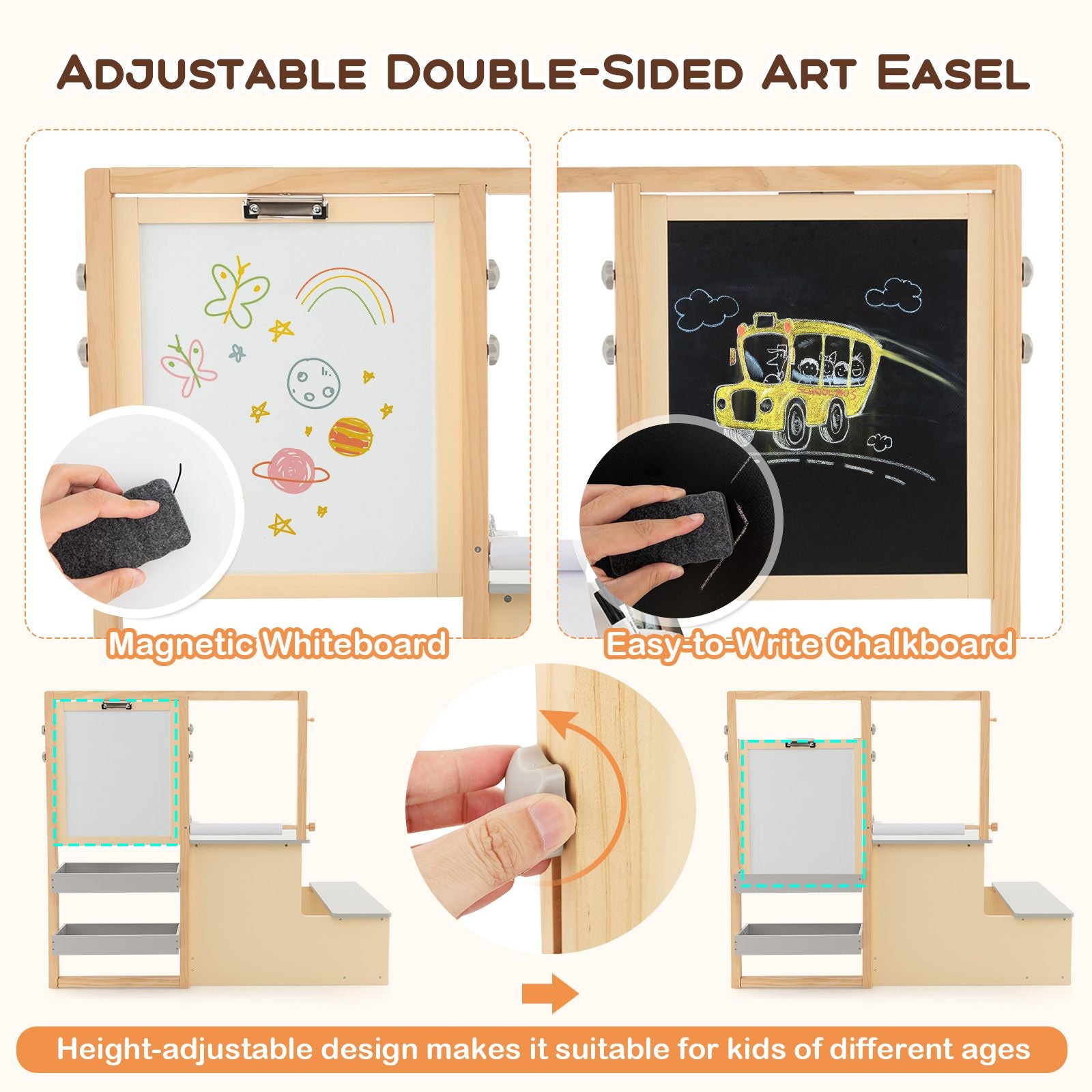 Delightful Children's Art Easel Table and Bench Set with Adjustable Easel and Integrated Bookshelf for Creative Play