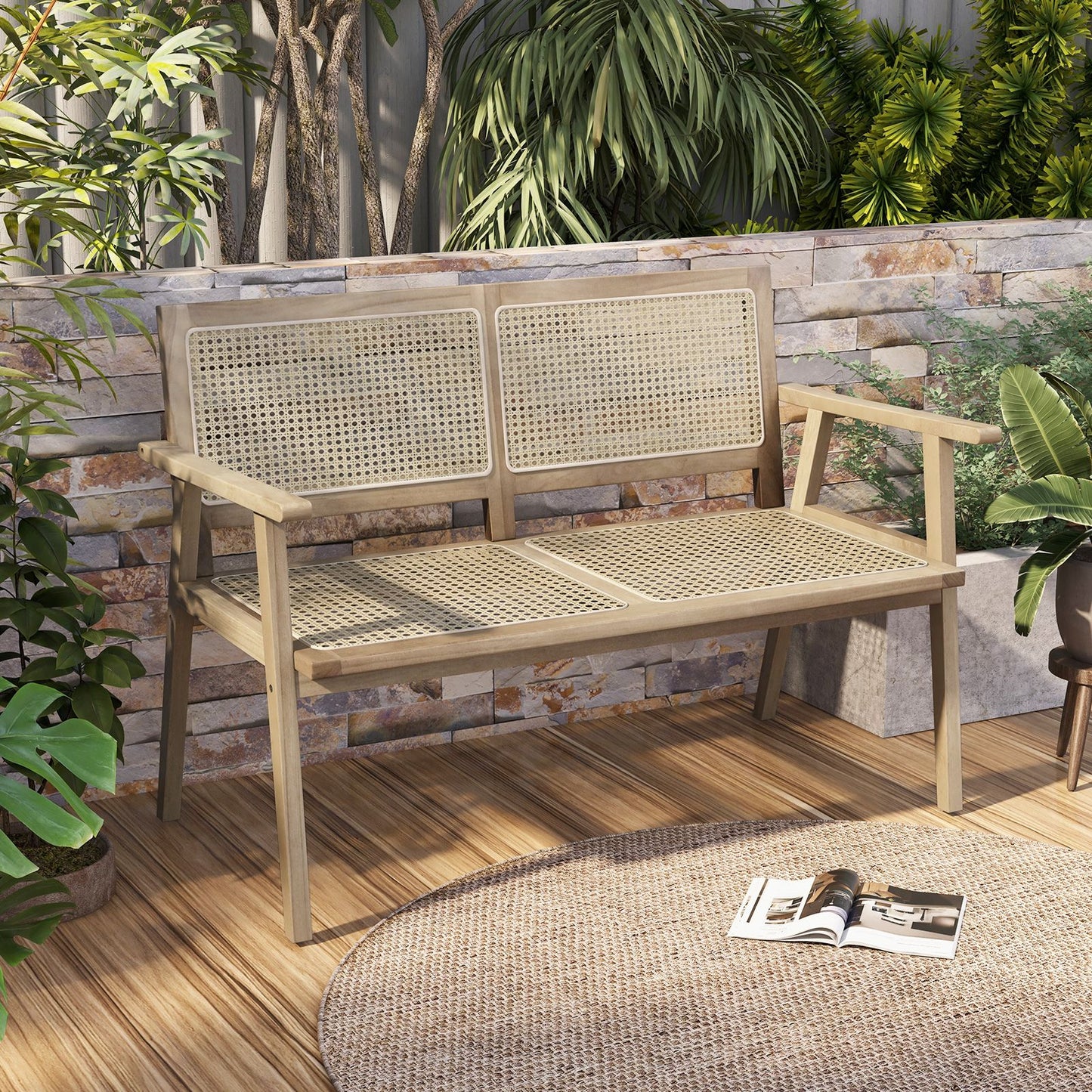 Teak Wood Outdoor Garden Bench with Armrests and Rattan Backrest and Seat