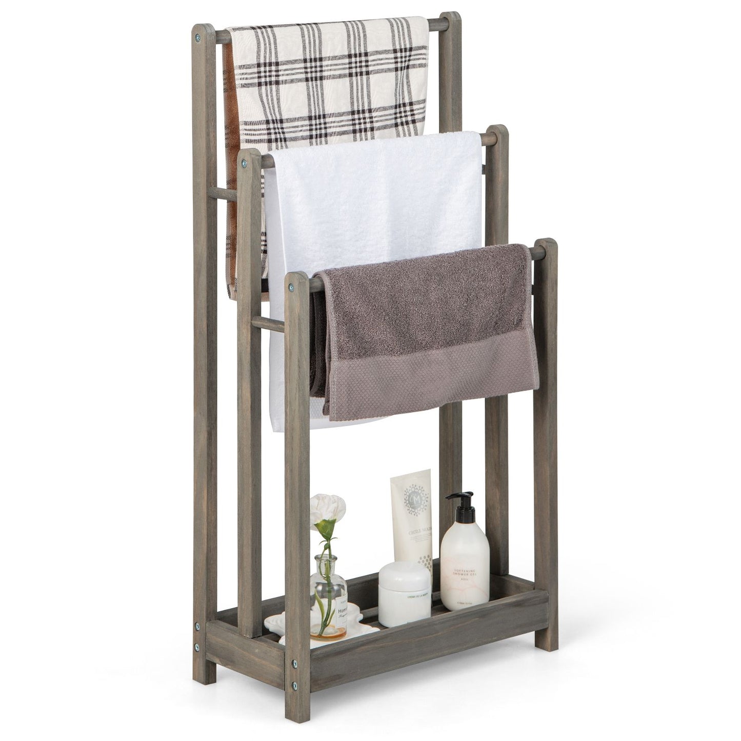 Freestanding Wood Towel Rack with 3 Individual Bars and Bottom Storage Shelf