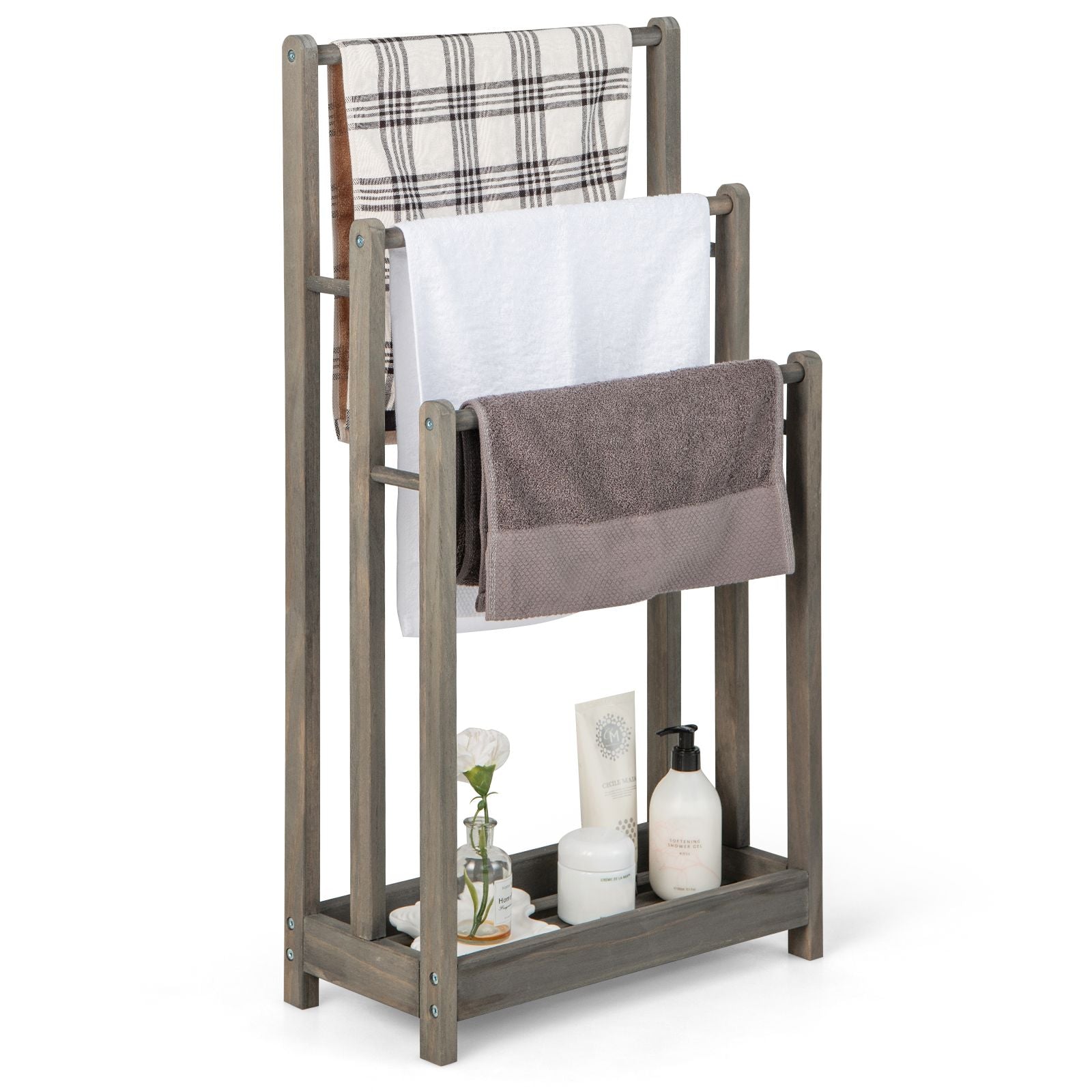 Freestanding Wood Towel Rack with 3 Individual Bars and Bottom Storage Shelf