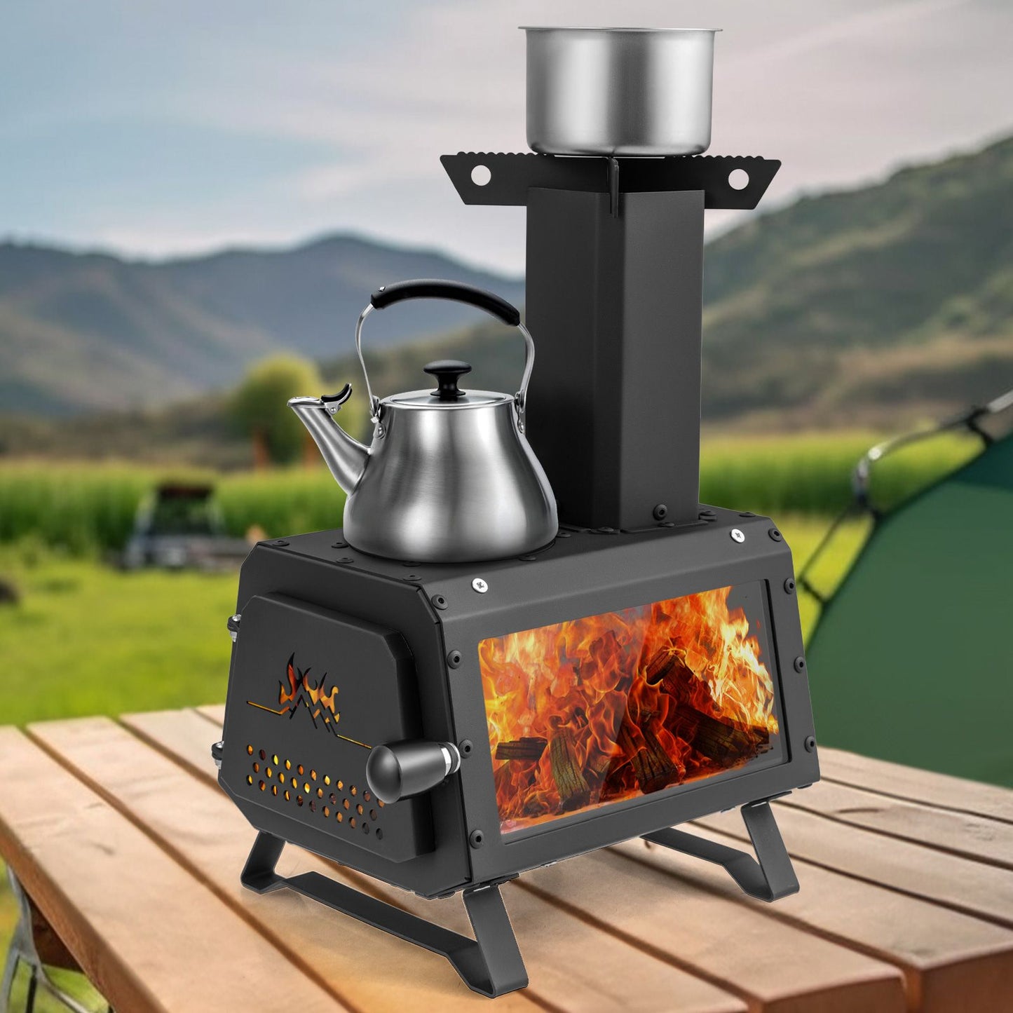 Portable Wood Burning Stove Featuring Dual Cooking Positions