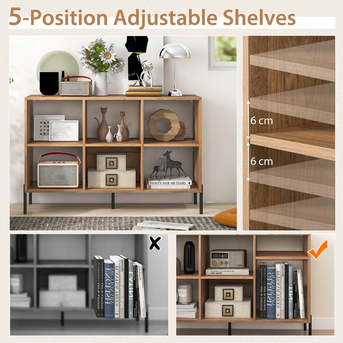 6-Cube Storage Bookcase Wooden Open Bookshelf with 5 Metal Legs