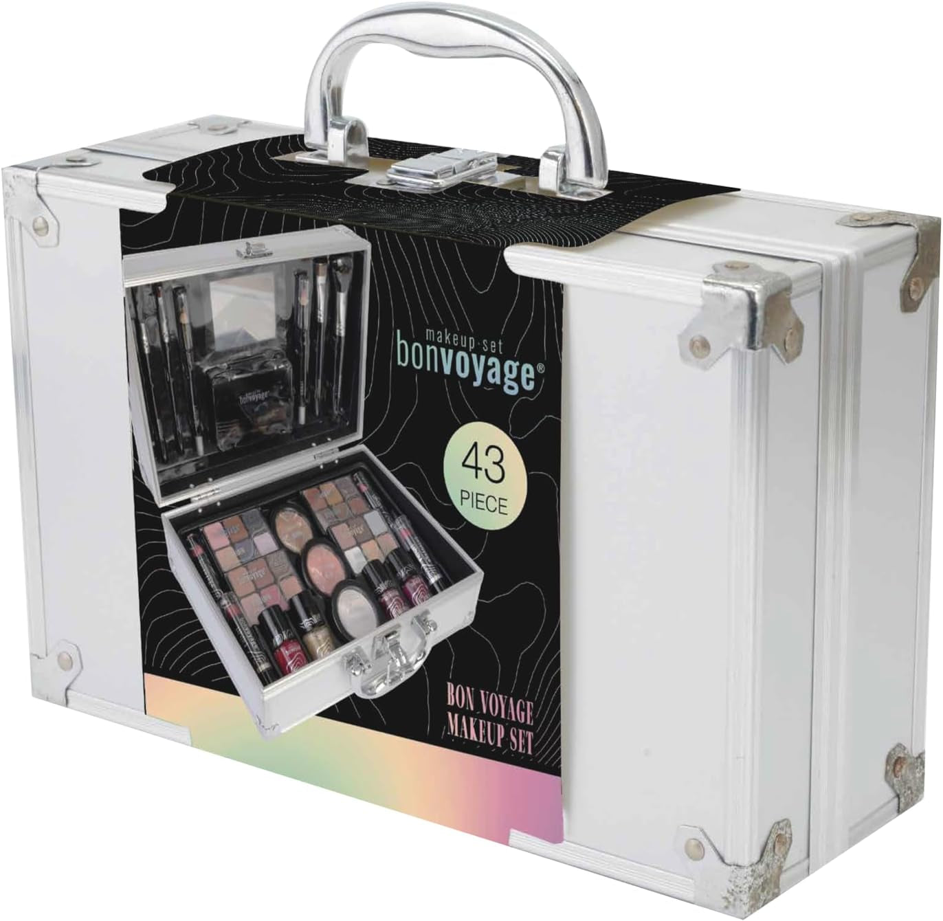 Professional Makeup Kit: Lipsticks, Eyeshadows, Blush, Nail Polish, Mirror, and Brushes in a Portable Lightweight Metal Train Case