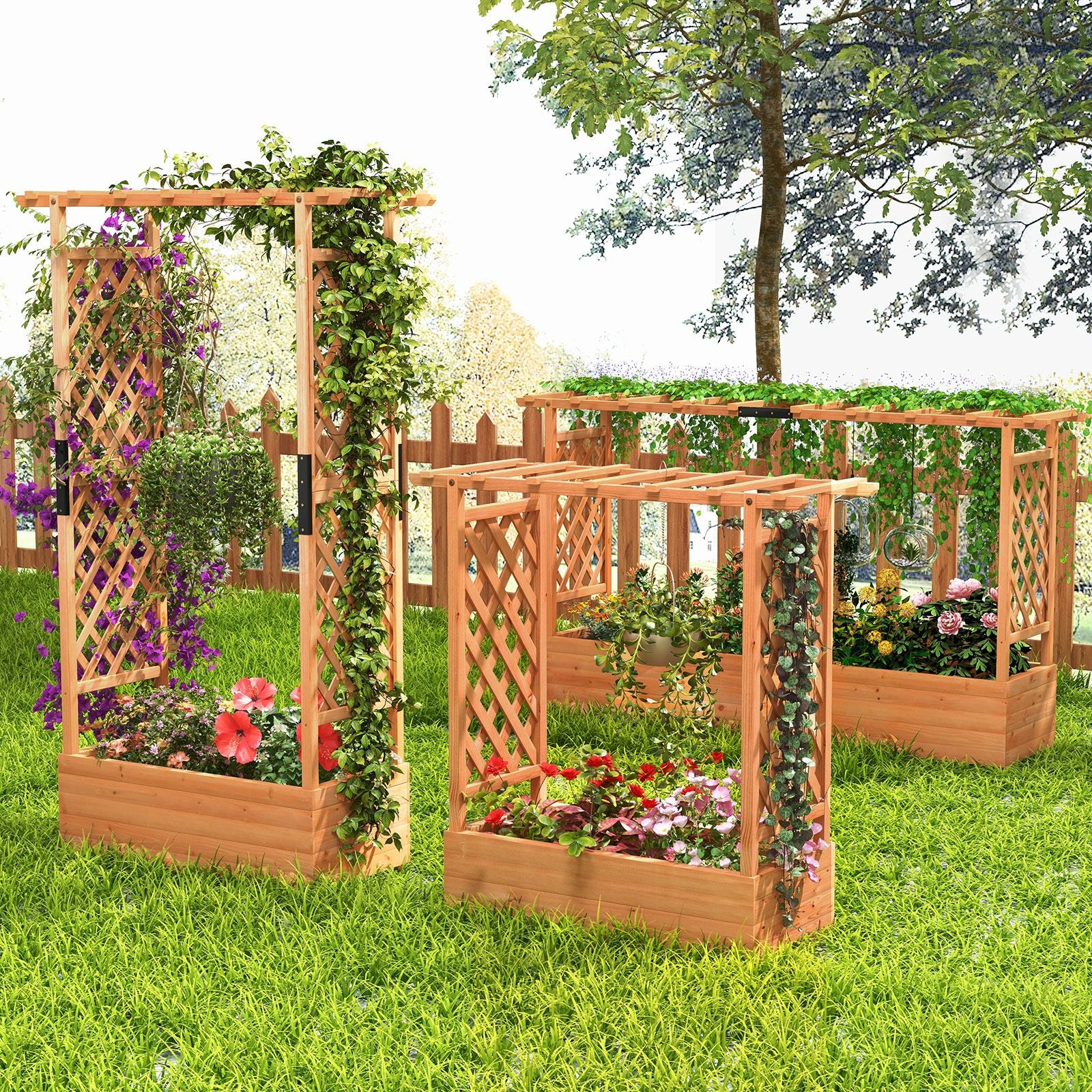 Elevated Garden Bed with Dual Trellis System and Canopy Roof
