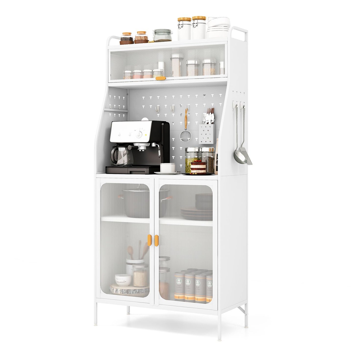 Freestanding Kitchen Pantry Storage Cabinet with Integrated Pegboard Baker Rack