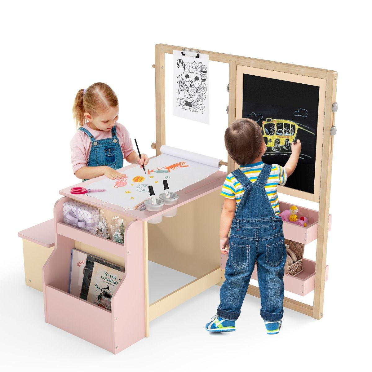 Delightful Children's Art Easel Table and Bench Set with Adjustable Easel and Integrated Bookshelf for Creative Play