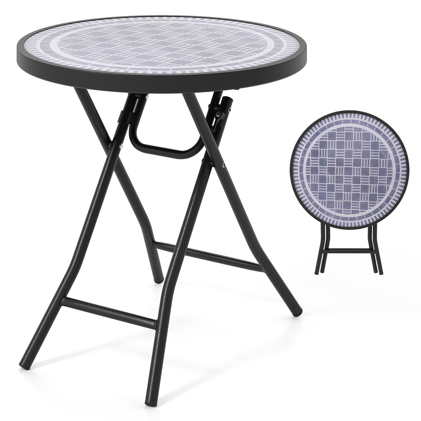 Round Folding Patio Coffee Table with Tempered Glass Top