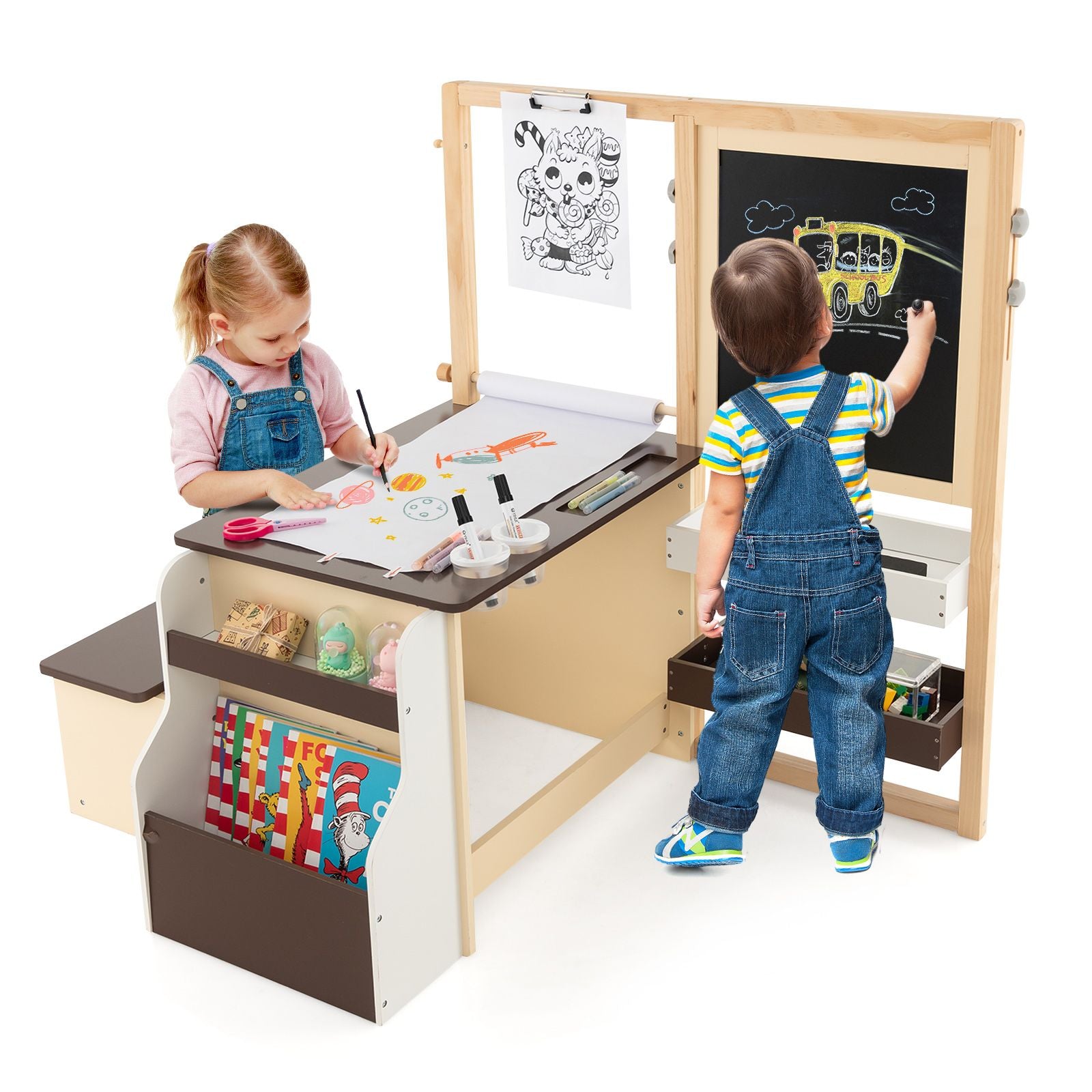 Delightful Children's Art Easel Table and Bench Set with Adjustable Easel and Integrated Bookshelf for Creative Play