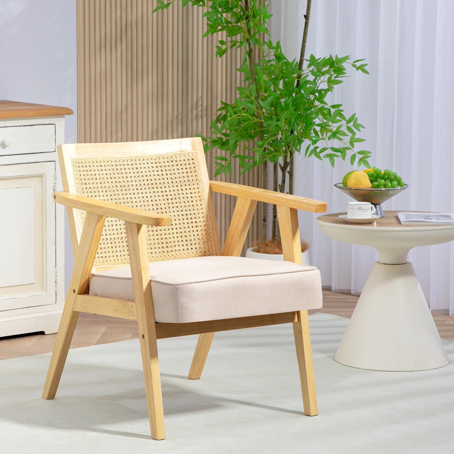 Stylish Rattan-Back Accent Chair with Comfortable Padded Cushion and Durable Rubber Wood Frame