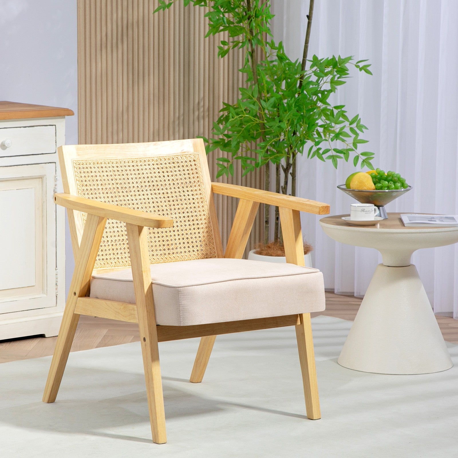 Stylish Rattan-Back Accent Chair with Comfortable Padded Cushion and Durable Rubber Wood Frame