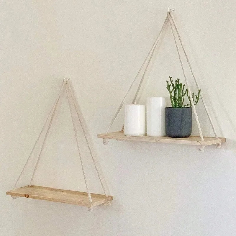 Stylish Wooden Swing Wall Shelf with Hemp Rope - Perfect for Plants, Flowers, and Home Decor
