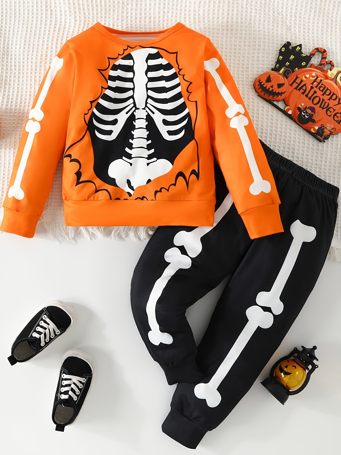 2pcs, Skeleton Pattern Toddler Boy's 2-Piece Sweatshirt & Sweatpants Set, Halloween Casual Outfits for Spring/Fall
