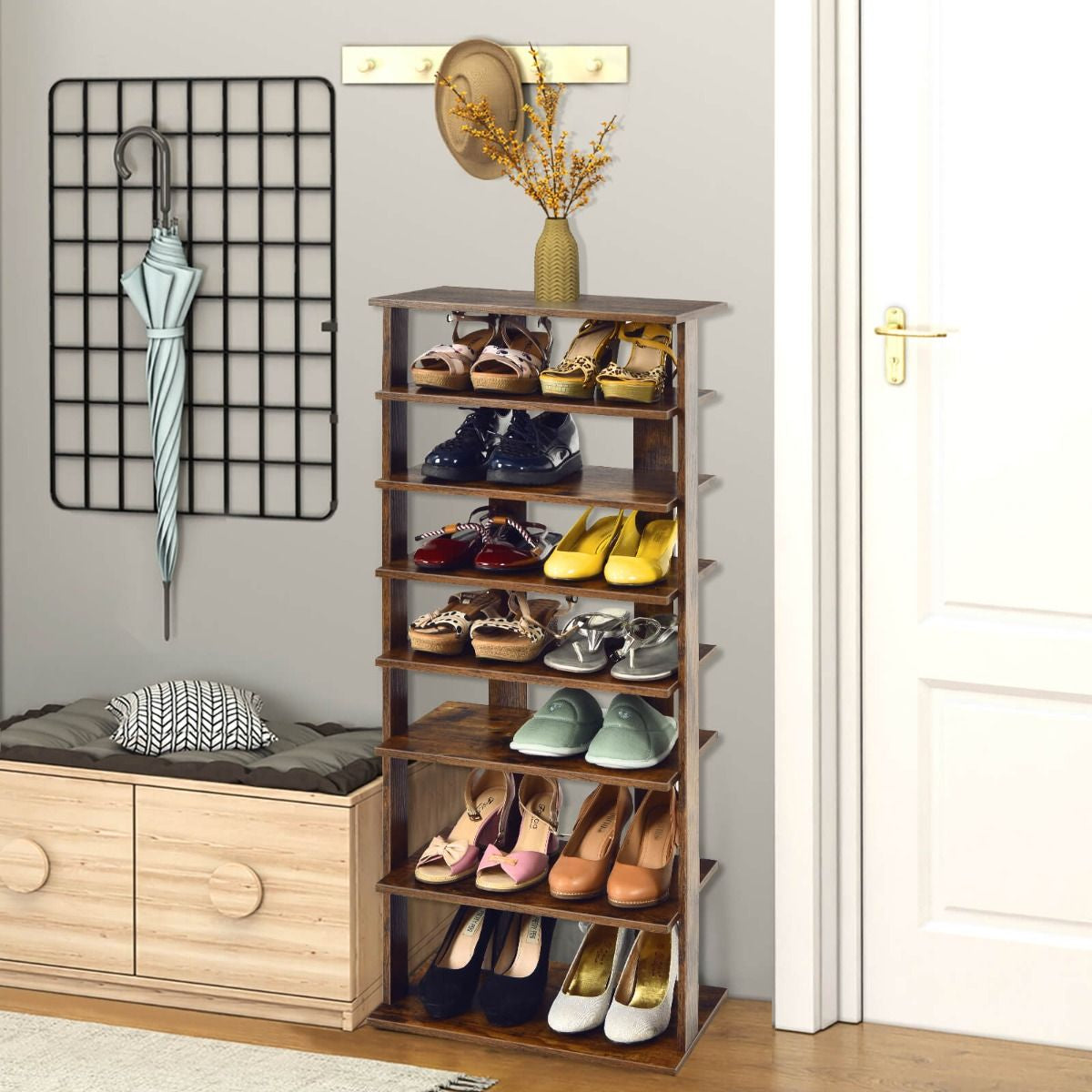 Extra Wide Vertical Wooden Shoe Rack with 7 Shelves