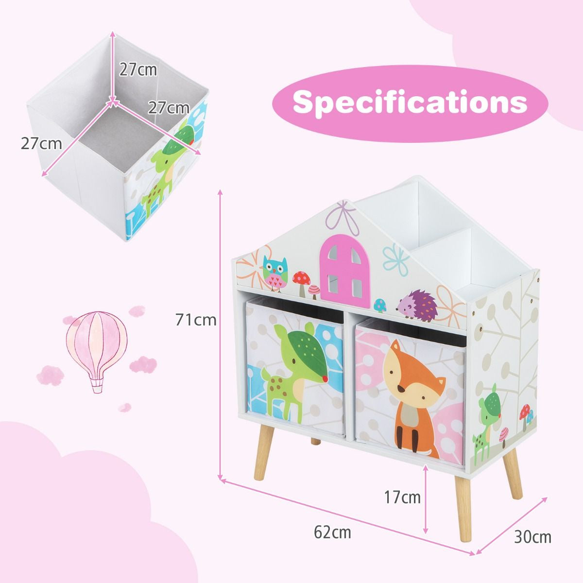 Children's House-Shaped Bookshelf with Two Storage Bins and Elevated Solid Wood Legs