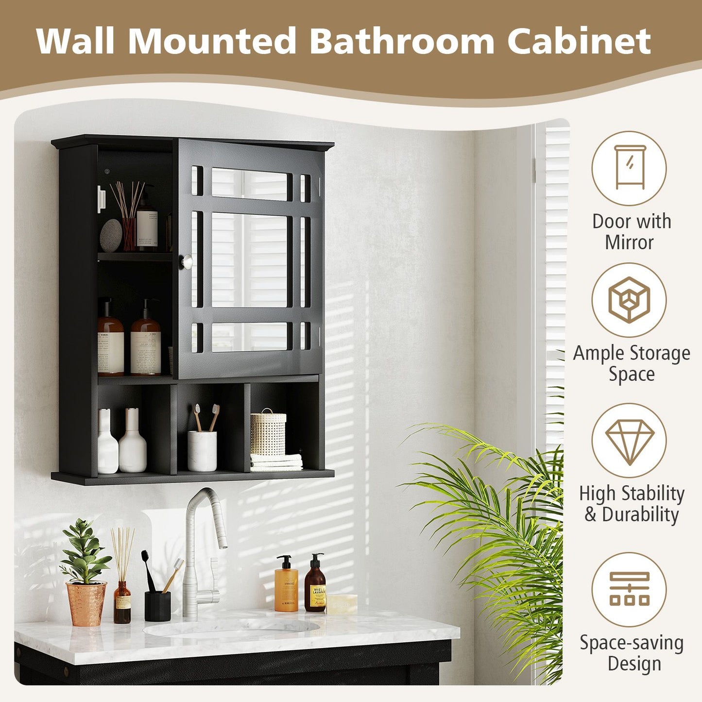 Mirror Door Bathroom Cabinet with Adjustable Shelf and 3 Compartments