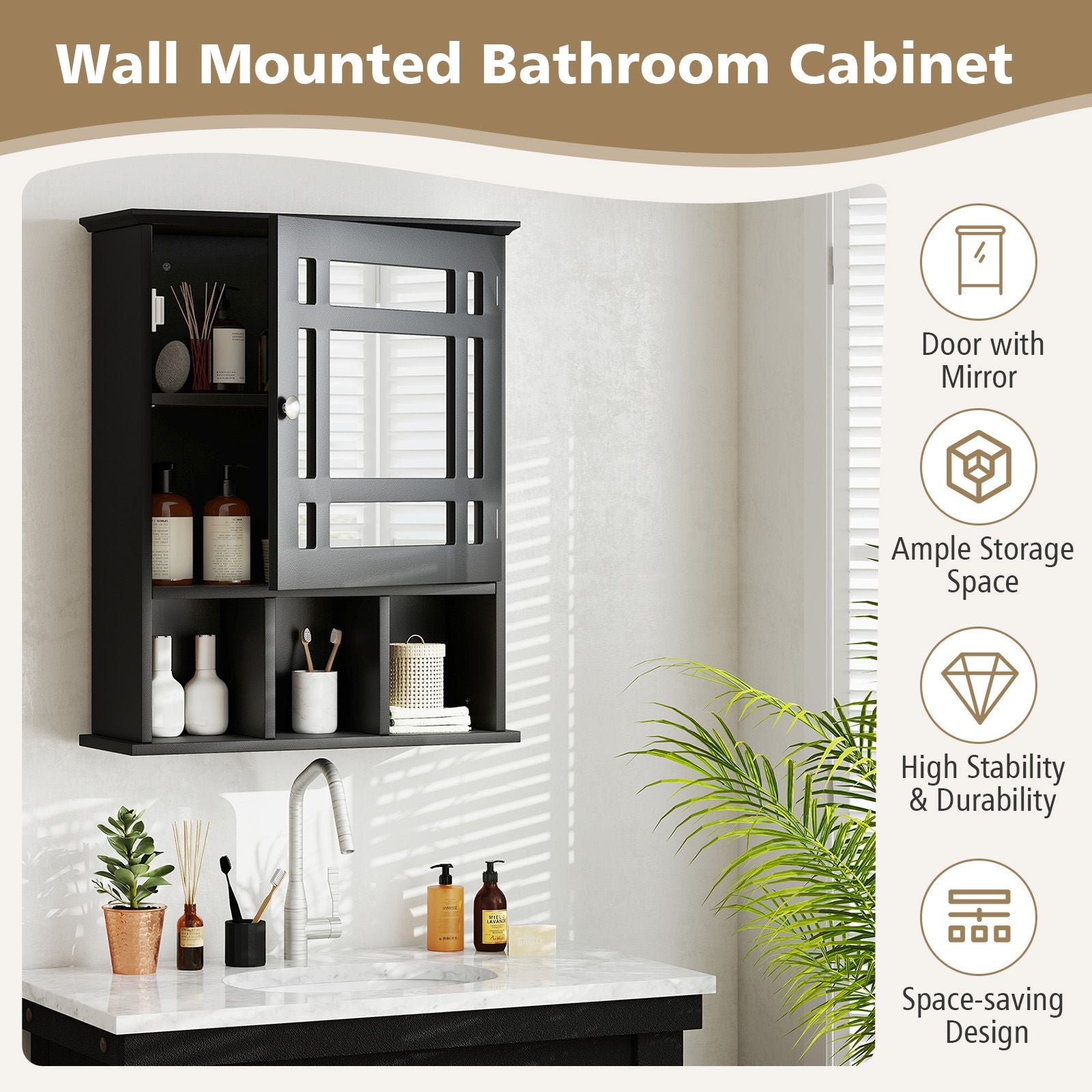 Mirror Door Bathroom Cabinet with Adjustable Shelf and 3 Compartments