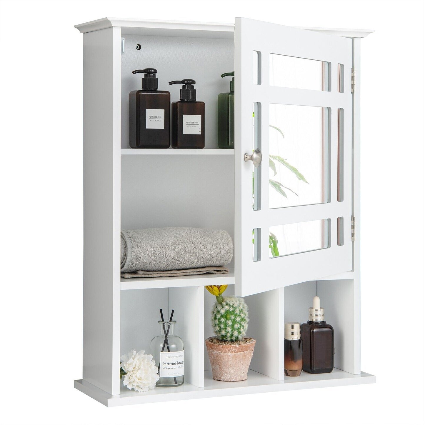 Mirror Door Bathroom Cabinet with Adjustable Shelf and 3 Compartments