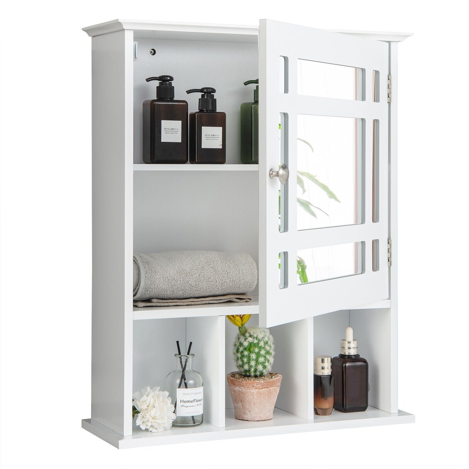 Mirror Door Bathroom Cabinet with Adjustable Shelf and 3 Compartments