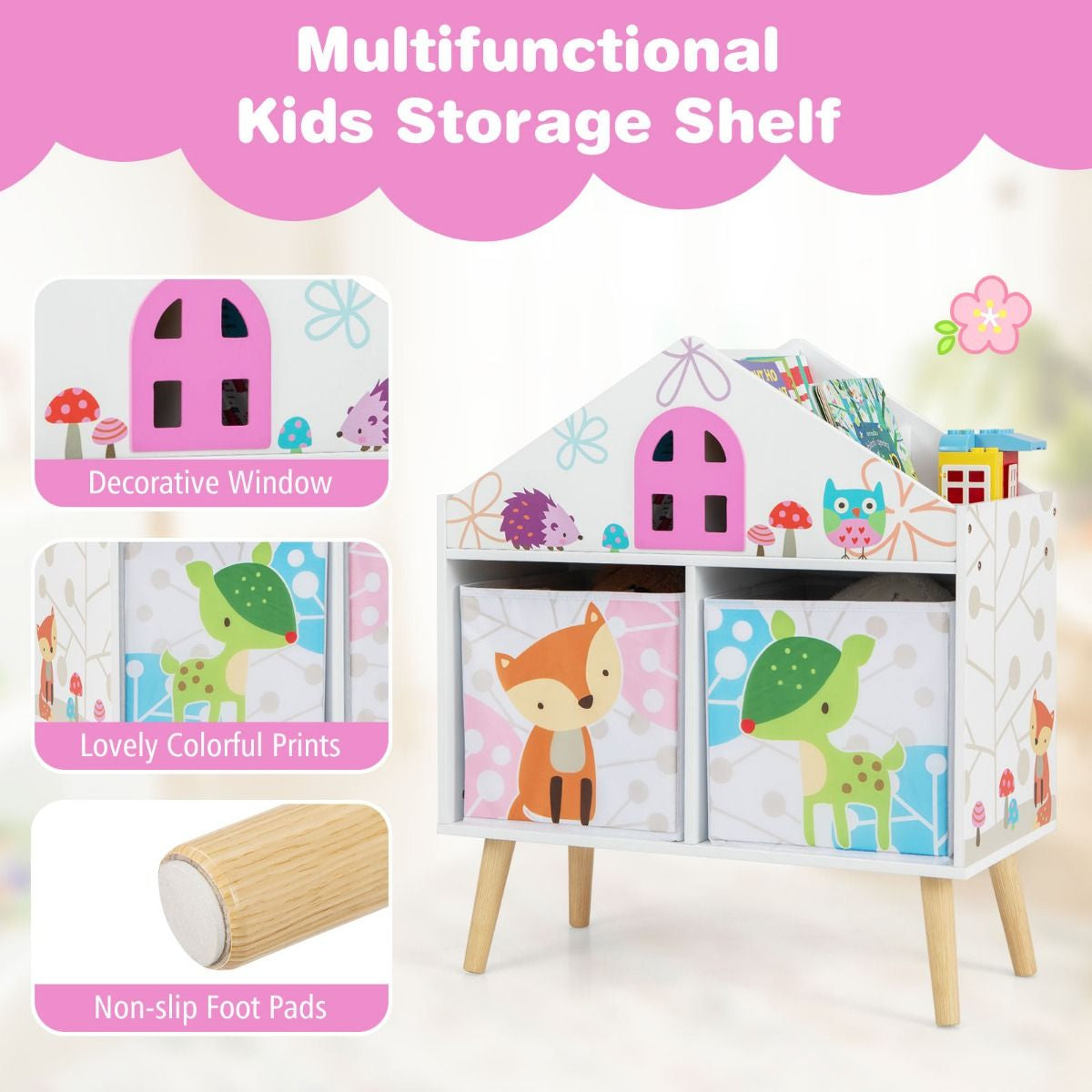 Children's House-Shaped Bookshelf with Two Storage Bins and Elevated Solid Wood Legs