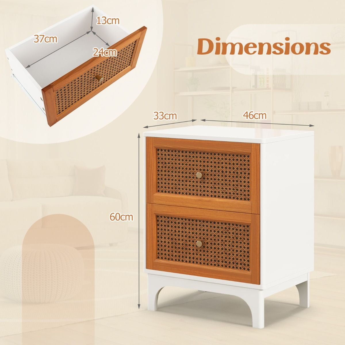 Bohemian Accent Table Featuring Two Handwoven Rattan-Decorated Drawers